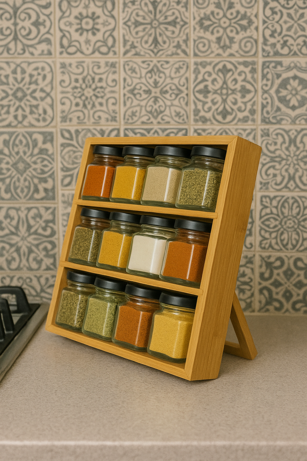 12-Piece Glass Jar & Bamboo Rack Set – Compact Organizer for Bedside or Kitchen