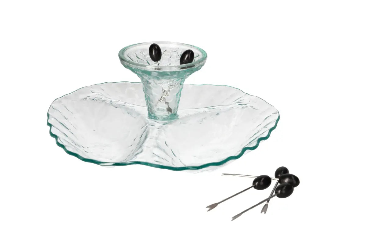 Handcrafted Glass Bedside Snack Server with Pick Forks – Elegant Divided Dish Set