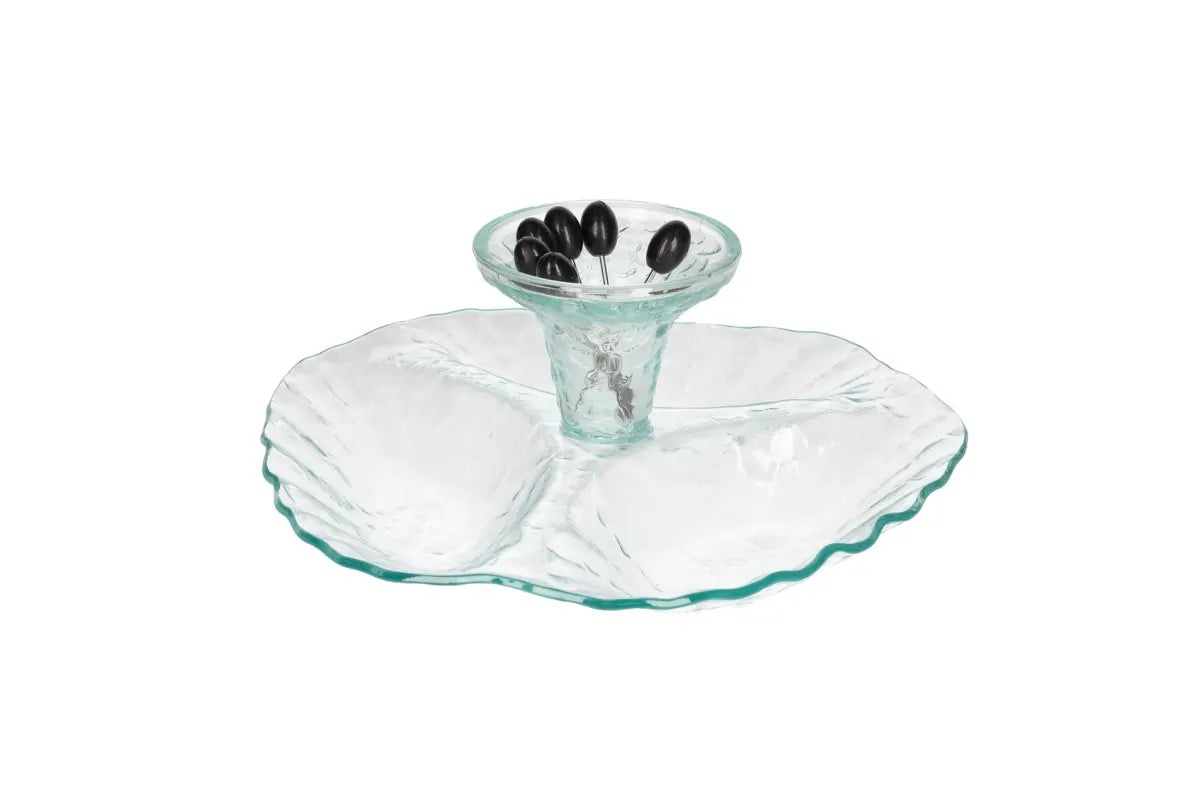 Handcrafted Glass Bedside Snack Server with Pick Forks – Elegant Divided Dish Set