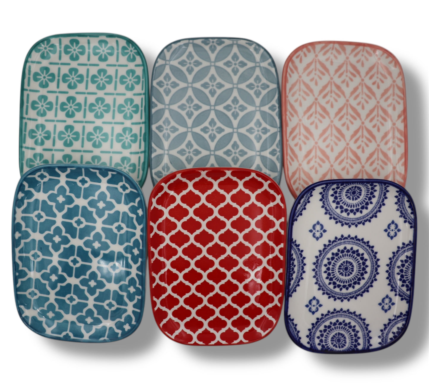6-Piece Colorful Geometric Ceramic Side Plate Set – Rectangular Tapas & Snack Plates