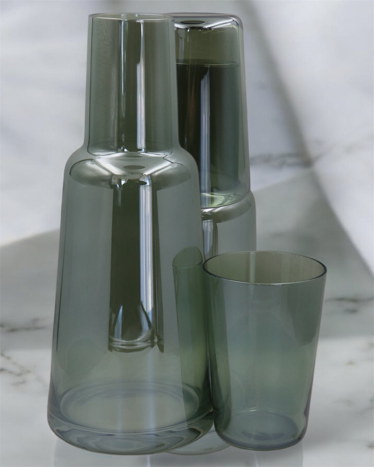 Bedside Glass Carafe and Tumbler Set – Minimalist Smoky Green Design