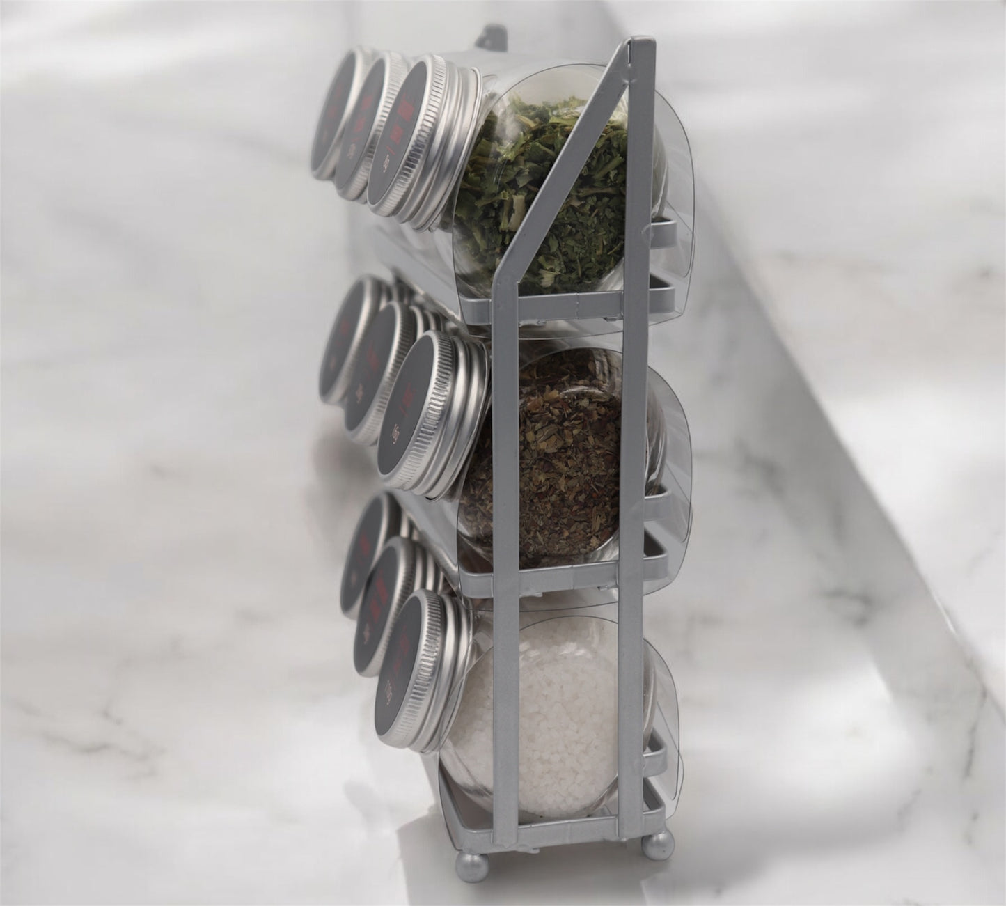 Compact Glass Jar Rack Set – 9-Piece Organizer for Spices, Teas, or Bedside Storage
