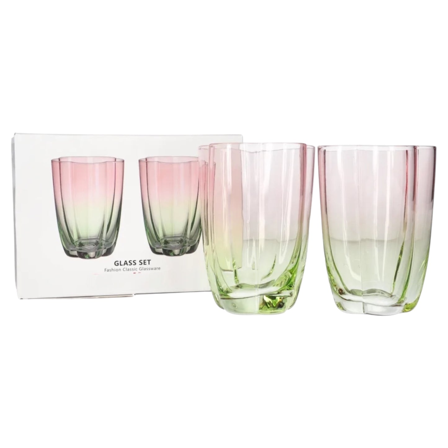 Set of 2 Ombre Premium Glass Tumblers – Pink & Green Gradient Fluted Drinkware