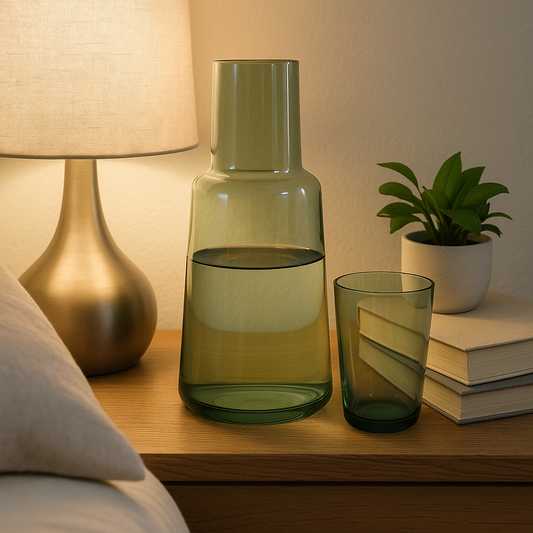 Bedside Glass Carafe and Tumbler Set – Minimalist Smoky Green Design
