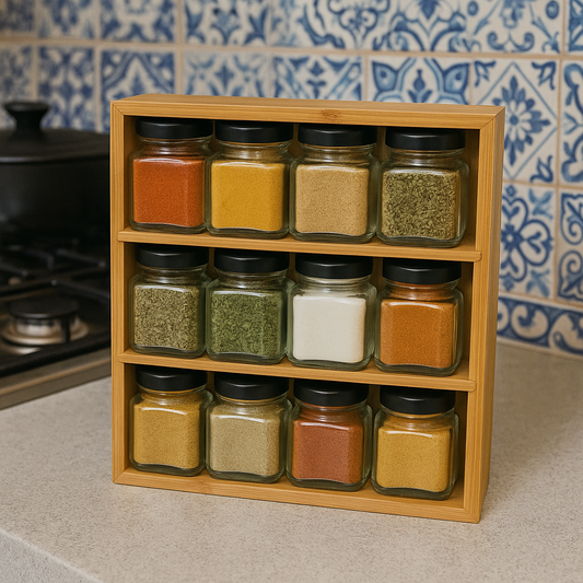 12-Piece Glass Jar & Bamboo Rack Set – Compact Organizer for Bedside or Kitchen