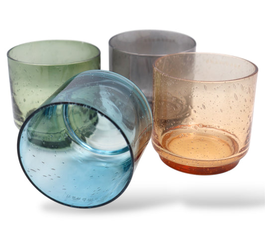 4 handcrafted glasses- Blue, orange, grey and green. 