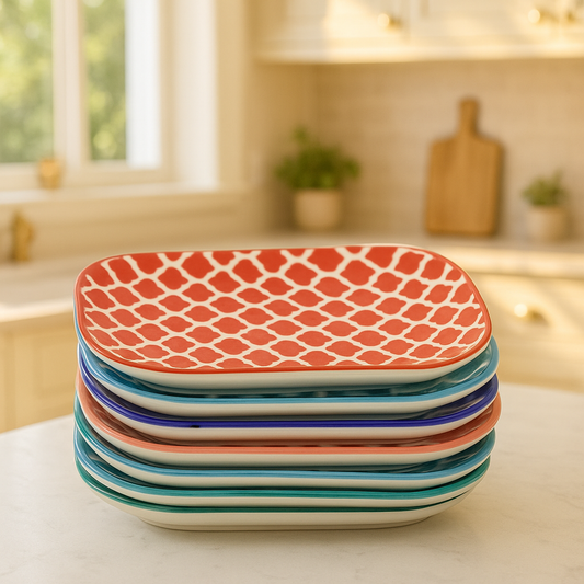 6-Piece Colorful Geometric Ceramic Side Plate Set – Rectangular Tapas & Snack Plates
