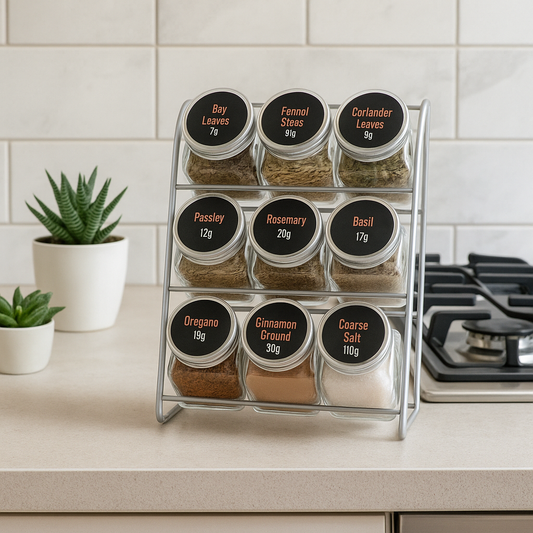 Compact Glass Jar Rack Set – 9-Piece Organizer for Spices, Teas, or Bedside Storage