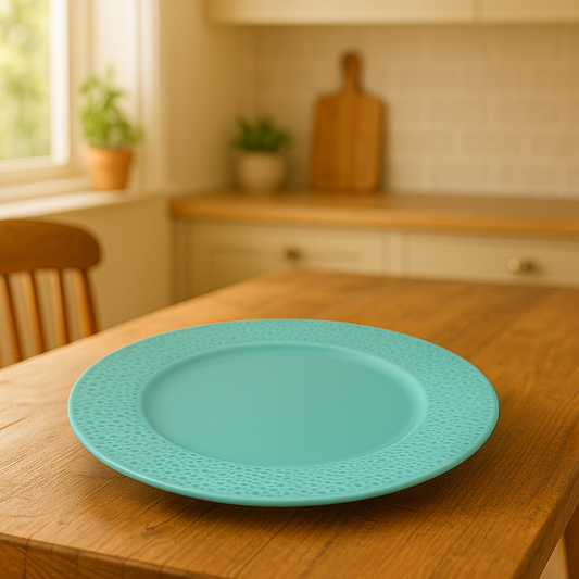 Teal Textured Ceramic Dinner Plate – Embossed Bubble-Rim