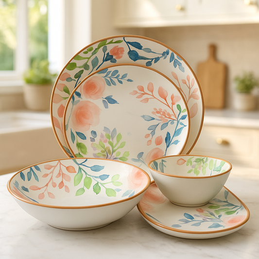 30-Piece Floral Ceramic Dinnerware Set for 4 – Elegant Hand-Painted Plates & Bowls