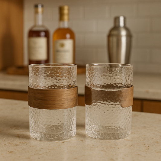 Set of 2 Textured Glass Tumblers with Wooden Grip – Ideal for Bedside Use