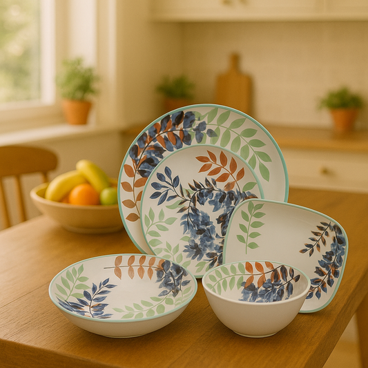 30-Piece Botanical Ceramic Dinnerware Set – Multicolor Leaf Design