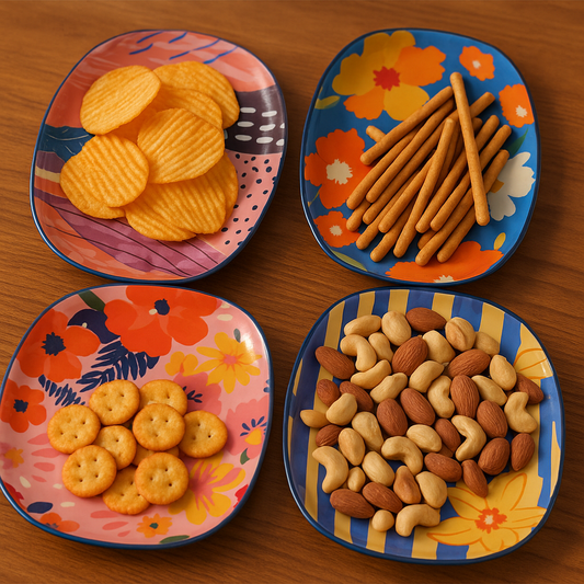 Set of 4 Vibrant Ceramic Snack Plates – Bold, Playful & Practical