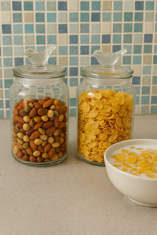 Set of 2 Decorative Glass Jars with Bird Lid – Elegant Storage for Kitchen, Bathroom, or Décor