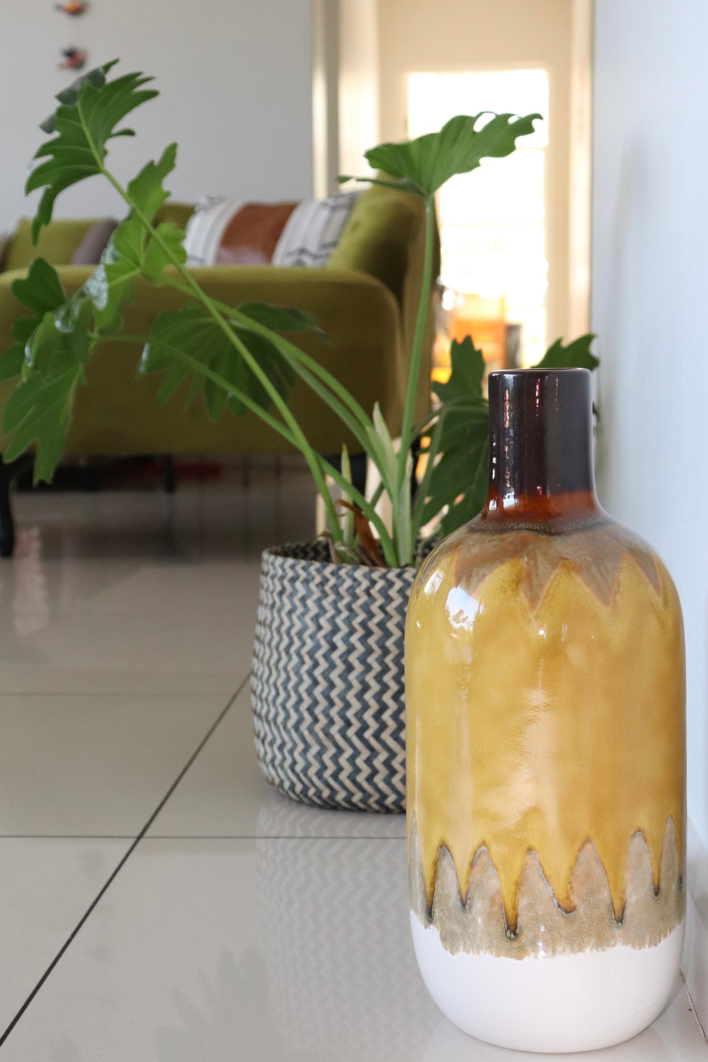 Hand-Glazed Ceramic Bedside Vase – Earthy Yellow & Rustic Finish
