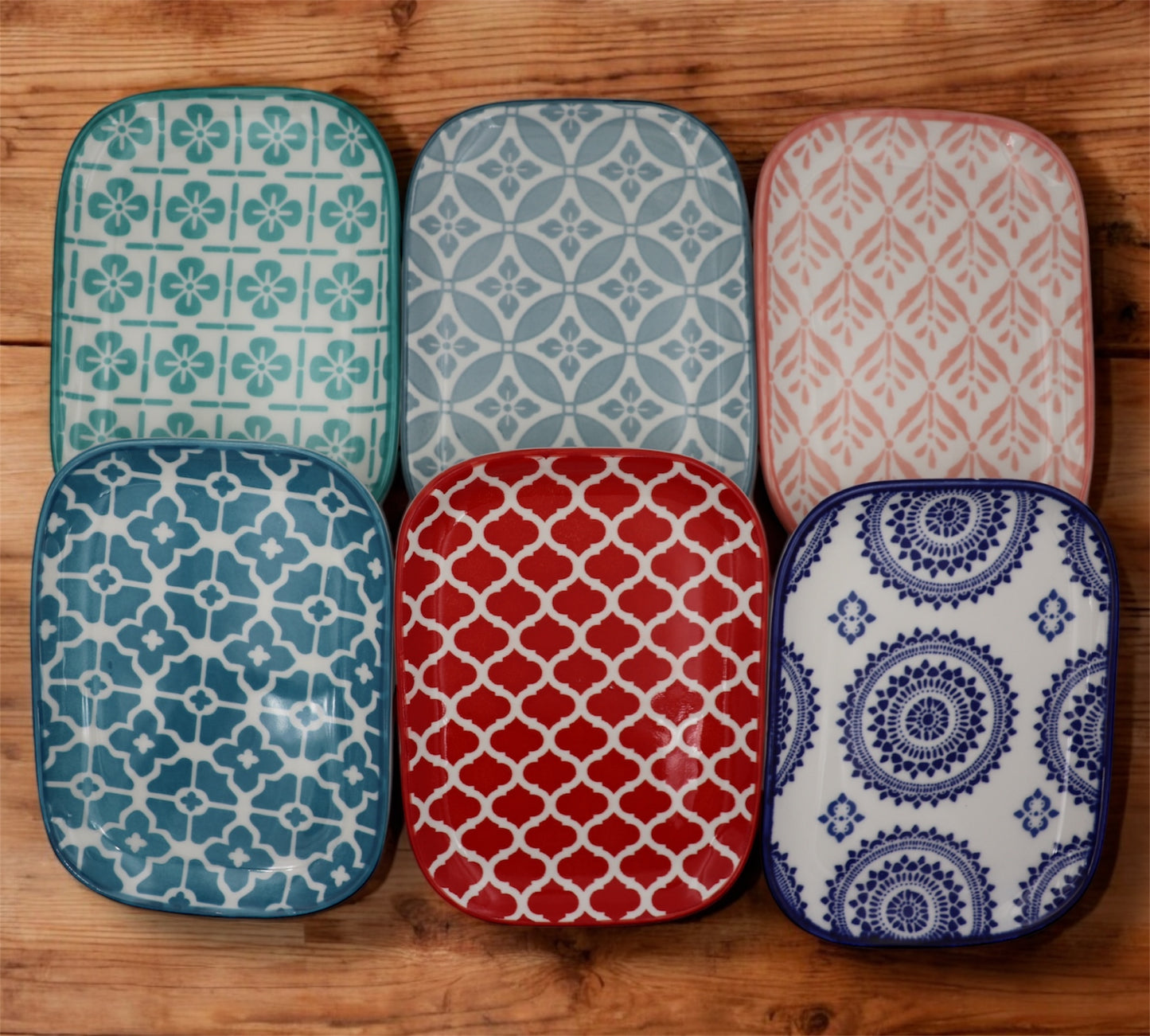 6-Piece Colorful Geometric Ceramic Side Plate Set – Rectangular Tapas & Snack Plates
