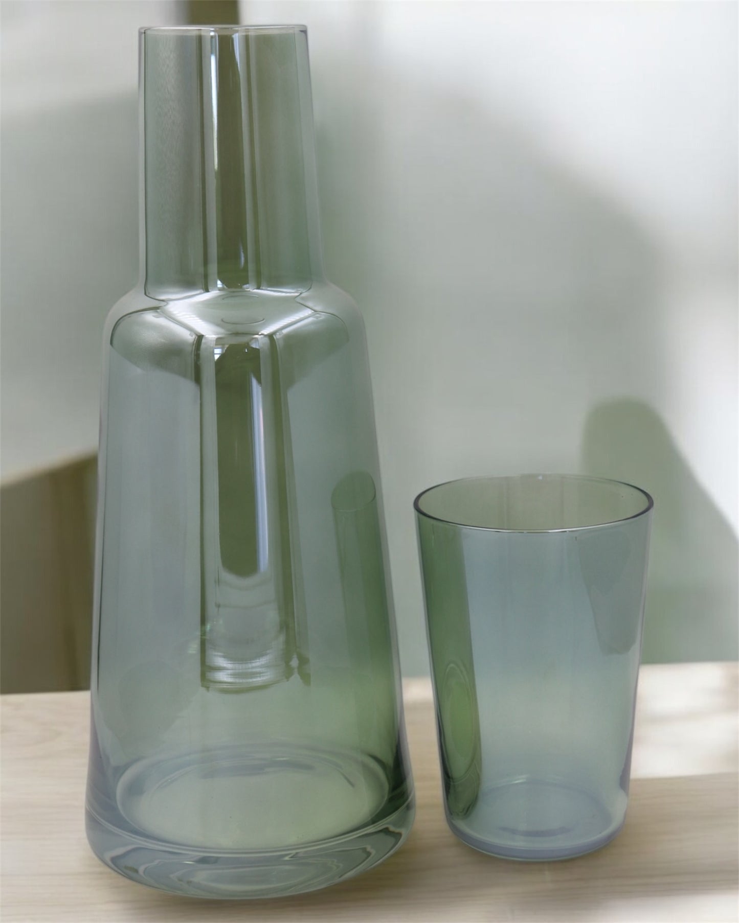 Bedside Glass Carafe and Tumbler Set – Minimalist Smoky Green Design