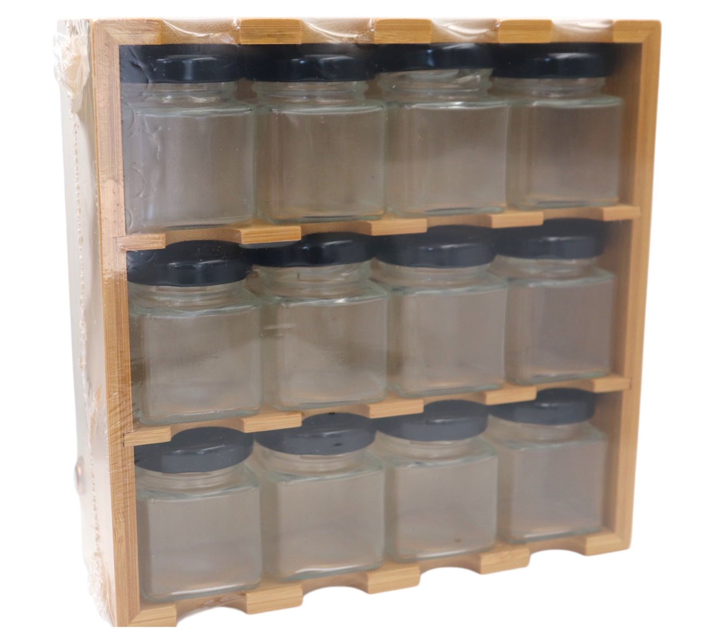 12-Piece Glass Jar & Bamboo Rack Set – Compact Organizer for Bedside or Kitchen