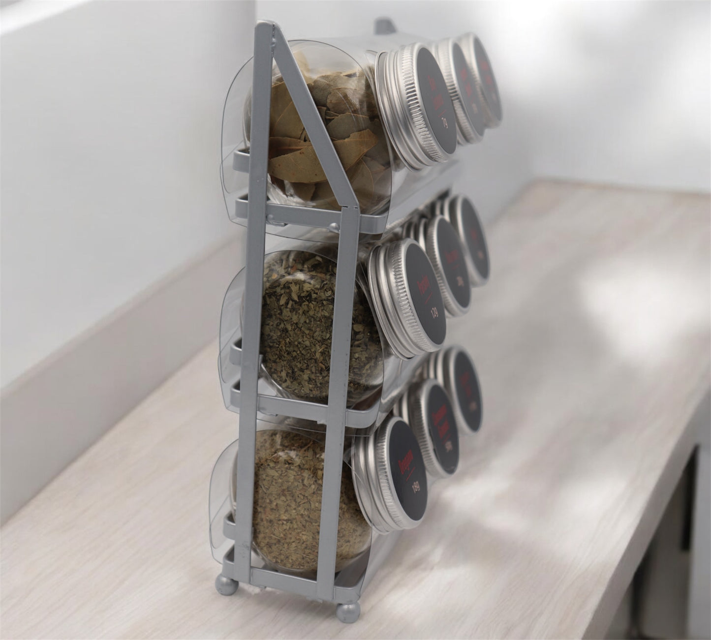 Compact Glass Jar Rack Set – 9-Piece Organizer for Spices, Teas, or Bedside Storage