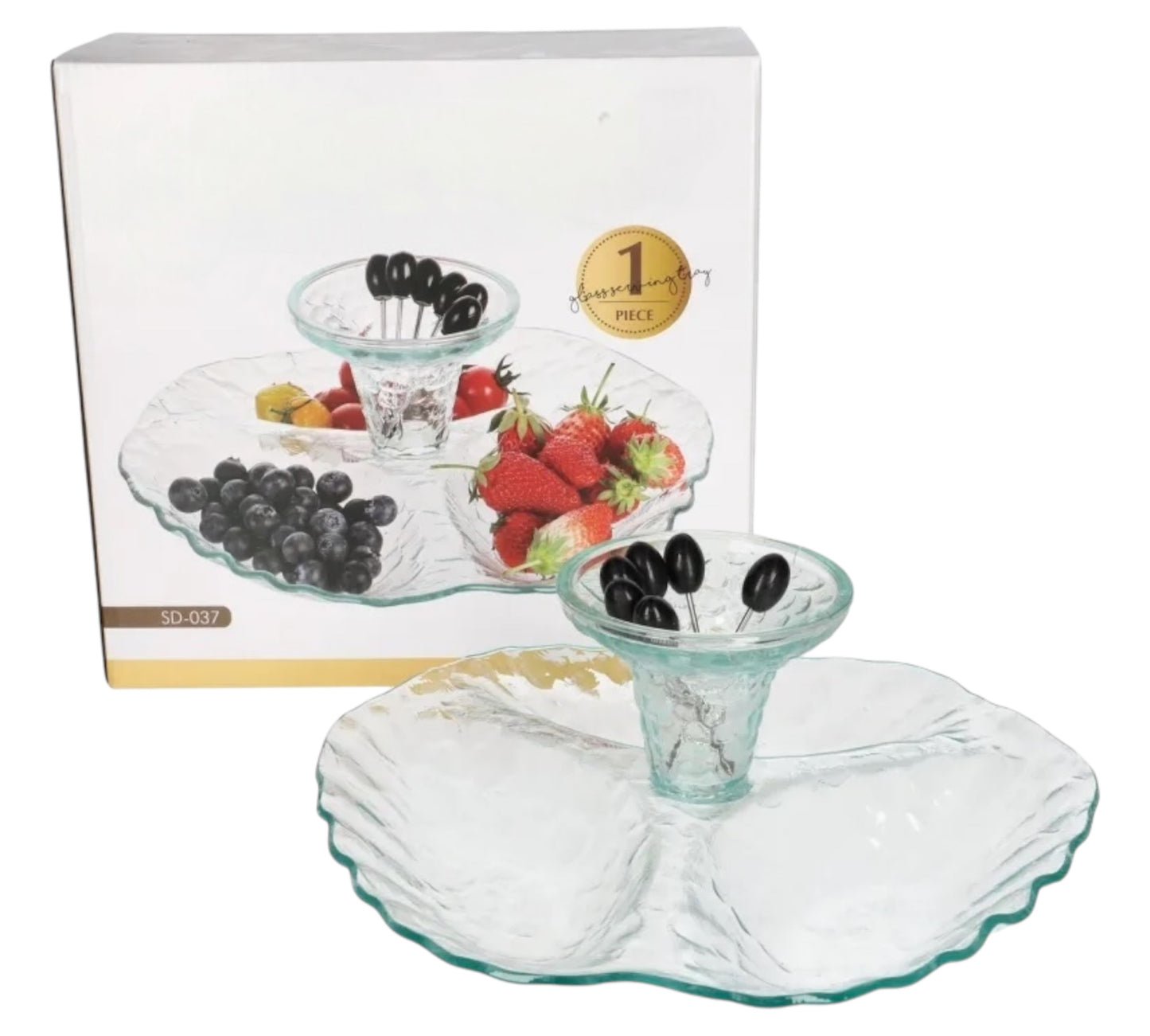 Handcrafted Glass Bedside Snack Server with Pick Forks – Elegant Divided Dish Set