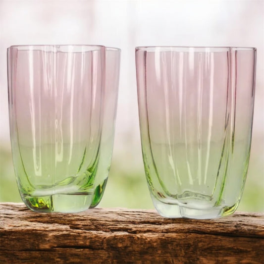 Set of 2 Ombre Premium Glass Tumblers – Pink & Green Gradient Fluted Drinkware